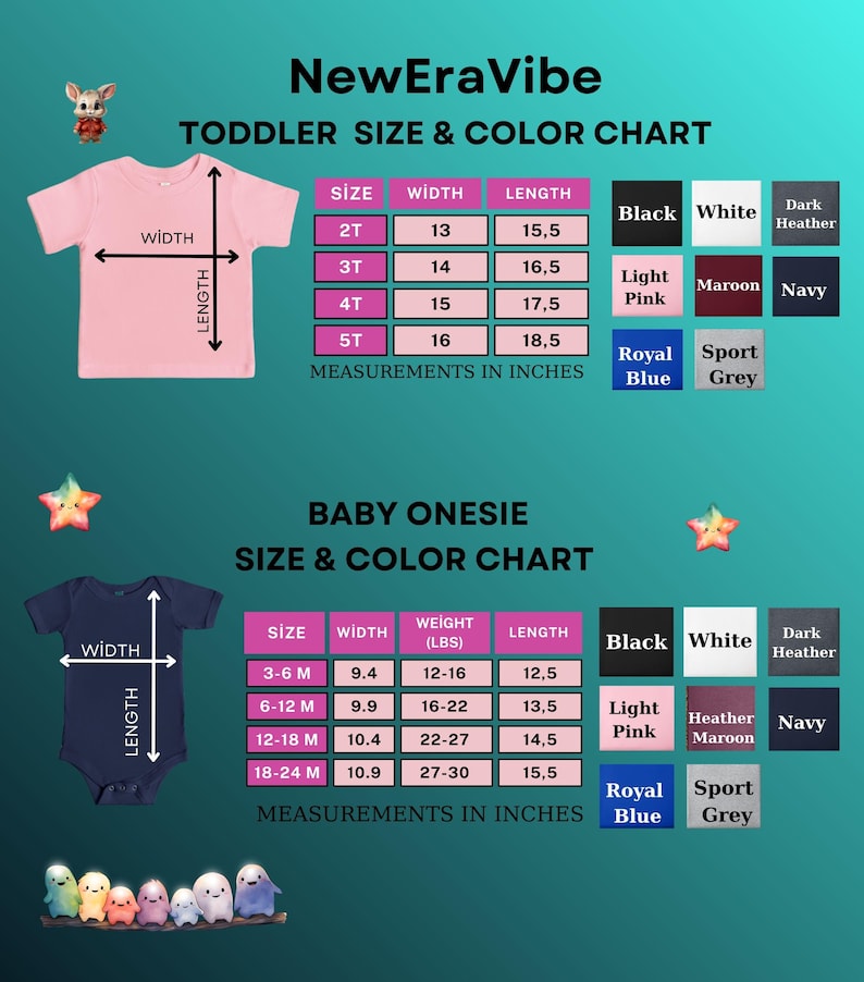 Puede incluir: Una tabla de tallas y colores para camisetas de ni&ntilde;o peque&ntilde;o y bodies de beb&eacute;. La tabla incluye medidas en pulgadas para el ancho y largo de las camisetas y bodies. Las opciones de color incluyen negro, blanco, rosa claro, granate, azul marino, azul real y gris deportivo.
