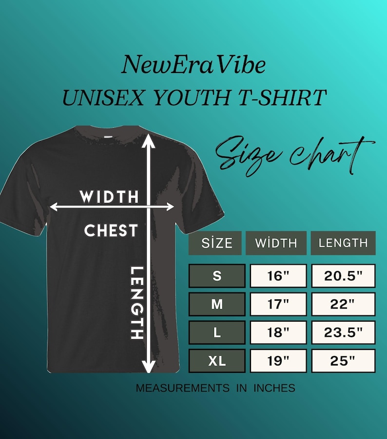Puede incluir: Camiseta negra unisex para j&oacute;venes con una tabla de tallas. La tabla muestra medidas en pulgadas para las tallas S, M, L y XL. Las medidas de ancho var&iacute;an de 40,6 cm a 48,3 cm, y las medidas de largo var&iacute;an de 52,1 cm a 63,5 cm.