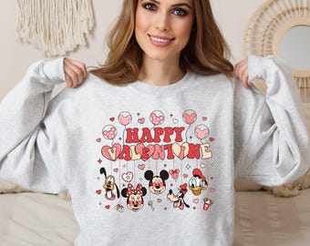 Happy Valentine Disney Valentines Day  Sweatshirt, Mickey And Friends  Disney Valentines Sweatshirt ,Disney Pink Valentines Day Sweatshirt