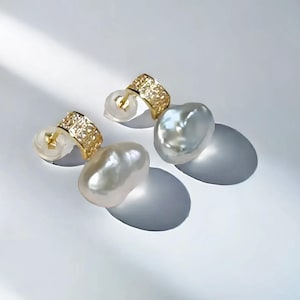 Stylish Baroque pearl stud earrings with 925 sterling silver zircon set, Anniversary pearl gift for her,free shipping on orders 2 or more