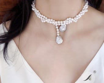 Long Freshwater Pearl Necklace: Baroque Pearl Pendant, 925 Silver