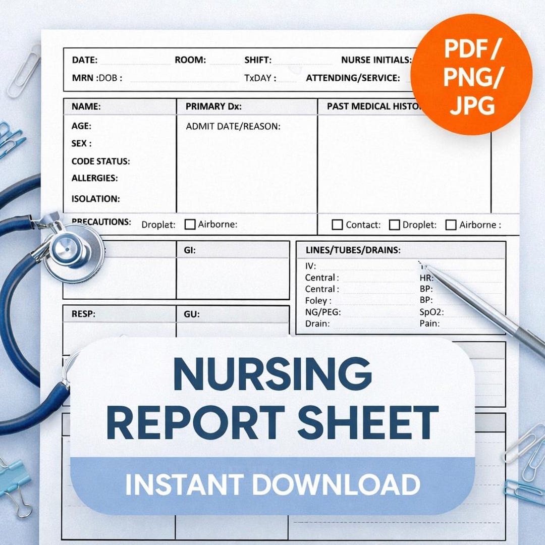 Nursing Report Sheet, Med Surg Brain Sheet, Head to Toe Assessment, RN ...