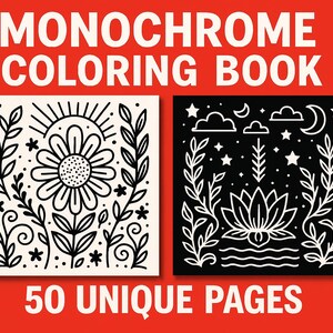 May include: Monochrome coloring book with 50 unique pages. The cover features two square designs: one with a sun and flower, the other with a lotus, stars, and moon, all in black and white on a red background.