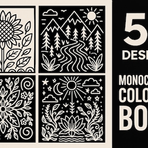 May include: Monochrome coloring book with 50 designs. The image features four square illustrations with black line art on a cream background. The designs include a sunflower, mountain scene, floral pattern, and a lotus flower. The text reads "50 DESIGNS MONOCHROME COLORING BOOK."