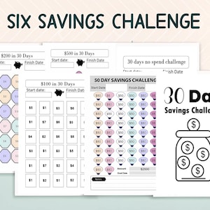 May include: Six printable savings challenge worksheets with different goals, including a 30-day no-spend challenge, a 50-day savings challenge, and a 30-day savings challenge with a piggy bank illustration.