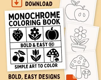 Kids Monochrome Coloring Book PDF | Printable Black and White Coloring Pages | Bold Easy Coloring Book for Children Digital Download
