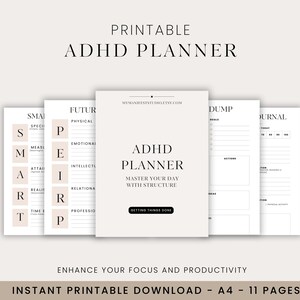 Op de afbeelding: Printbare ADHD-planner met 11 pagina's, waaronder een brain dump-pagina, een toekomstige planningspagina, een SMART-doelpagina en een dagelijkse journal-pagina. De planner is ontworpen om mensen met ADHD te helpen hun dag te beheersen met structuur.