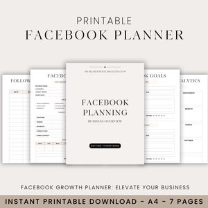 Op de afbeelding: Printbare Facebook-planner met zeven pagina's, inclusief secties voor volgers, advertentiebeheer, bedrijfs overzicht, doelen en analyses. De planner is ontworpen om bedrijven te helpen hun Facebook-aanwezigheid te vergroten.