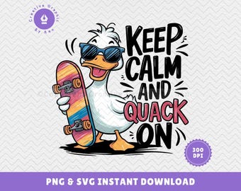 Anatra divertente con skateboard PNG SVG: disegno di gioco di parole con animali (download digitale)
