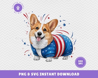 Patriotic Corgi Clipart: Independence Day PNG, SVG (Digital Download)