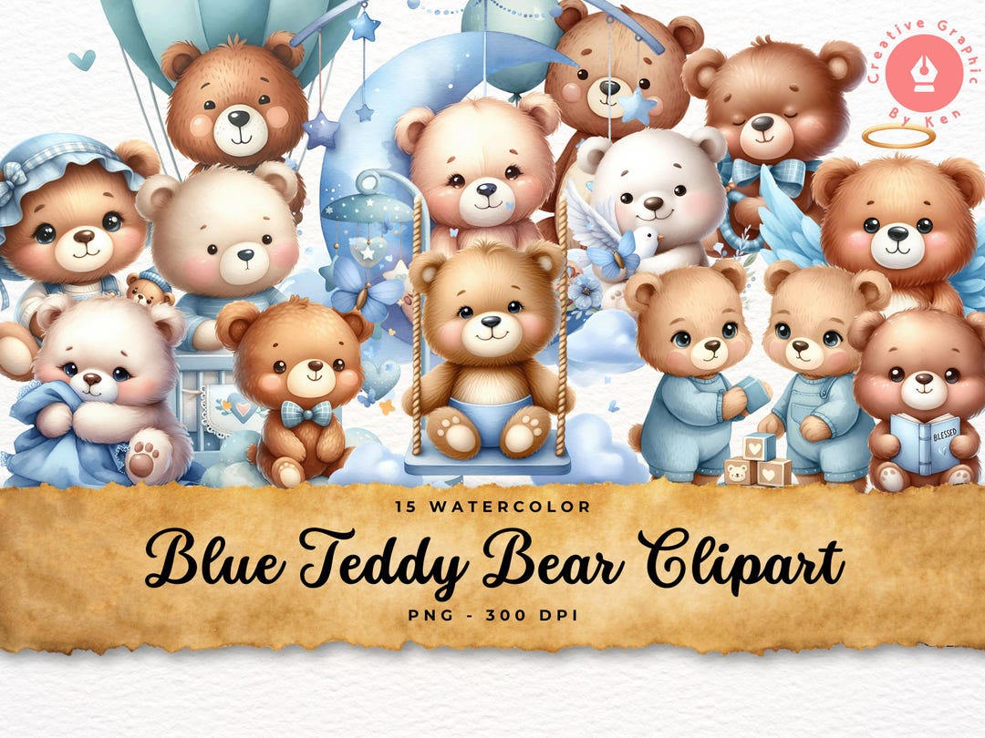 Watercolor Teddy Bear Clipart: Blue Baby Shower PNG Bundle (digital ...