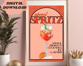 Pode incluir: Uma impressão digital para download com uma ilustração em aquarela de um coquetel Aperol Spritz. O texto "aperol SPRITZ" está em negrito, em uma fonte retrô. Os ingredientes são listados abaixo da ilustração: Aperol, Prosecco, Soda Club, Gelo, Guarnição.