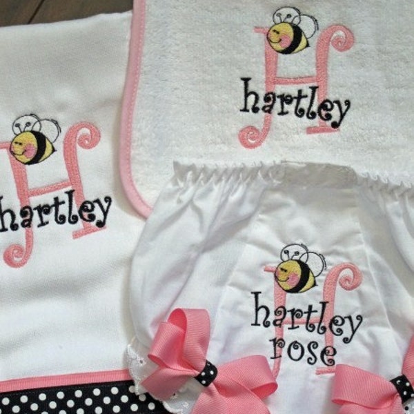 Monogrammed 3pc set BIB, BURP CLOTH, BLOOMERS diaper cover PINK BLACK BUMBLE BEE