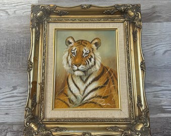 Vintage 70s Tiger Oil Painting Gold Ornate Frame Safari Regal Wall Art