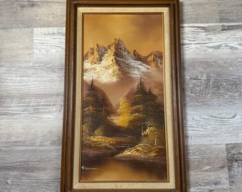 Vintage Mountain Landscape Oil Painting Framed Signed Rustic Cabin Decor