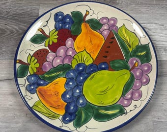 Vintage Mexican Wall Hanging Plate Signed Hand Painted Fruit 11.5” Tuscan Decor