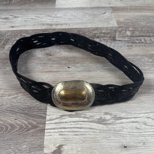 Vintage 90s Y2K Black Braided Leather Wide Belt Hammered Metal Buckle Boho S / M FOSSIL Y2K 90 main image 4