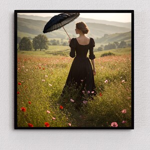 Impresión artística de estilo Regencia romántica de ensoñación de verano, mujer entre flores silvestres, arte mural giclée vintage, cartas desde el jardín, regalo para despedida de soltera