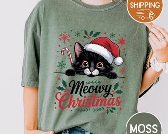 Christmas tshirt, Meowy Xmas, Comfort Colors Tshirt, Unisex deluxe stee, Cat Santa
