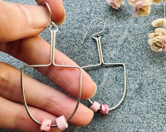 Handformed Abstract Silver Wire Earrings with Pink Beads