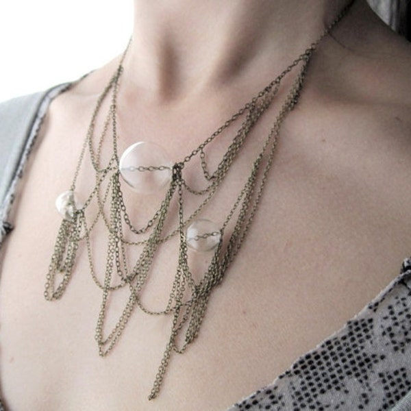 Tangled-- Hollow Glass Orb and Chain Netting Necklace