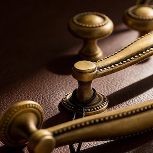 European Antique Brass Cabinet Hardware | Victorian Drawer Knobs | Curved Cabinet Pulls | Kitchen Drawer Cup Pulls | Aged Brass Pull Handles