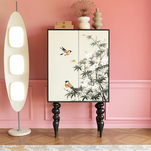 French Floral Bird Solid Wood Cabinet Living Room Lockable Storage Cabinet Multifunctional All in One Decorative Cabinet Simple Modern Tall