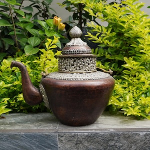May include: A silver and brown teapot with intricate silver detailing and a domed lid. The teapot is sitting on a gray stone surface in front of green foliage.