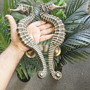 Può includere: Due maniglie per porte a forma di cavalluccio marino in bronzo. Le maniglie sono dettagliate con squame e pinne strutturate e hanno un design curvo. I cavallucci marini sono presentati davanti a uno sfondo di fogliame verde.