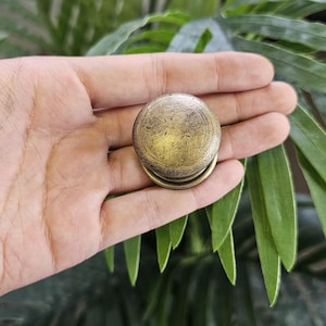 May include: A small, antique-style brass container with a circular design, held in an open hand. The container has a slightly domed lid and a detailed, aged appearance. Green foliage provides a natural backdrop.