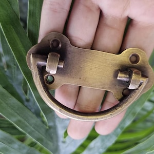 May include: A brass drawer pull with a curved handle and decorative backplate, ideal for furniture restoration. The hardware has an aged finish. The pull is held against a background of green leaves. The measurements are in centimetres.