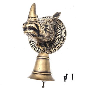 African Rhino Head with Bell  Brass Door Knocker – Animal Head – Handmade in Indonesia – Pet & Wildlife Designs – Unique Door Hardware
