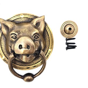 Brass Pig Door Knocker: Handmade Animal Head Hardware
