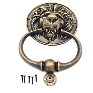 Lion Head Brass Door Knocker: Handmade Indonesian Animal Hardware