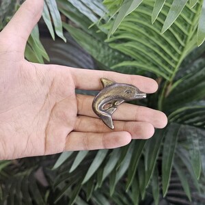 May include: A bronze-colored dolphin figurine. The dolphin is in a curved pose, with its tail and fin visible. The figurine is held in a hand, with a green leafy background.