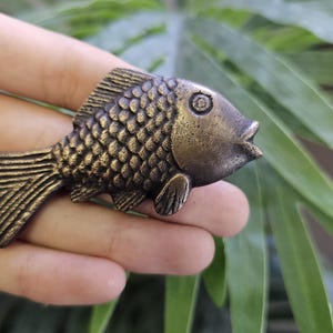 May include: A bronze-colored fish-shaped decorative object. The fish has detailed scales, fins, and a small mouth. The object is held in a hand against a background of green leaves.