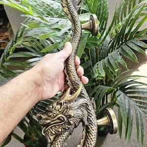 14 Inches set of 2, Dragon Brass Door Handles, Vintage Style Rustic Bali Décor