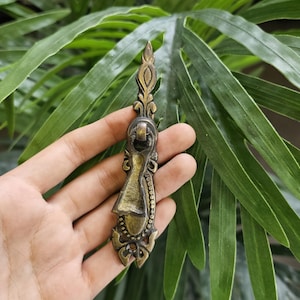 May include: An antique brass drawer pull with detailed floral and scroll patterns. The pull is held against a backdrop of green foliage, showcasing its intricate design and vintage style. The pull is approximately 10 cm in length.