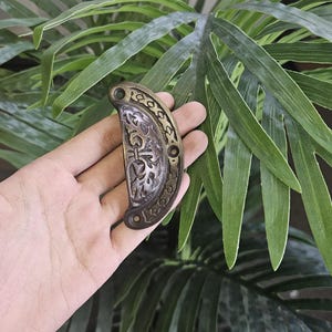 May include: Ornate, half-moon shaped cabinet pull with a bronze finish and intricate silver-toned detailing. The hardware is held against a backdrop of green foliage, showcasing its decorative design. The pull is likely made of metal and features two screw holes for mounting.
