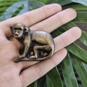 May include: A small, bronze-coloured monkey figurine. The monkey is in a seated position with its arms resting on its legs. The figurine has detailed features and is set against a background of green leaves.