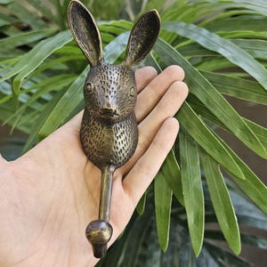 Könnte beinhalten: Ein bronzefarbener Metall-Wandhaken in Form eines Kaninchenkopfes mit langen Ohren. Der Haken hat eine detaillierte, strukturierte Oberfläche und einen abgerundeten Knopf am unteren Ende. Der Haken wird in einer Hand gehalten, mit grünem Laub im Hintergrund.