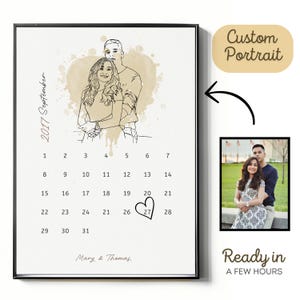 Wedding Portrait Ideas | Special Date Calendar with Custom Couple Illustration | 1st Year Anniversary | Line Art