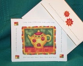 NOTE CARDS Tea Pots Fabric Applique Set of 3 Note Cards Handmade Debbie Mumm Design Cards and Envelopes 3 Different Designs 4 by 5 Card