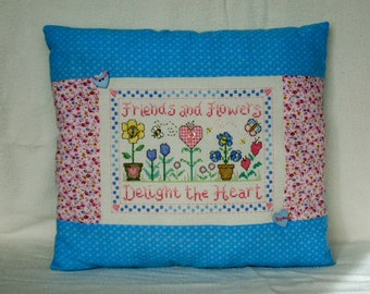 PILLOW/Friend Design/Finished Cross Stitch Design/Handmade Pillow/Stuffed Pillow/Floral Cotton Fabric Pillow/10  by 12 Pillow/Button Accents