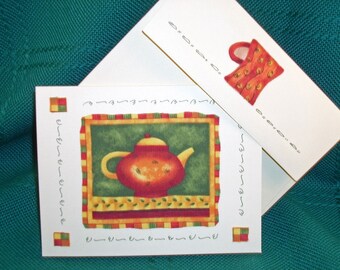 NOTE CARD/Fiesta Tea Pots/Fabric Applique/Handmade Note Cards/Set of 3 Note Cards/Debbie Mumm Design/Art Marker Designs/Cards and Envelopes