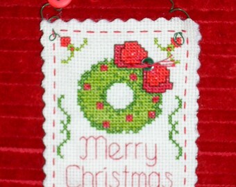 CHRISTMAS Ornament/Handmade Decoration/Finished Cross Stitch/Tree Ornament/16 Count Aida/Gift Tag/Wire Hanger/Christmas Wreath/Button Accent