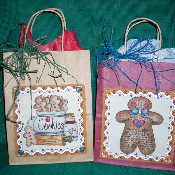 CHRISTMAS GIFT BAGS/ Paper Gift Bags/Fabric Applique/Set of 2 Gift Bags/Gift Bags with Handles/Gift Bags with Tissue/Gift Packaging/Handmade