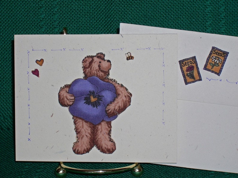 NOTE CARDS/Bears and Flowers/Fabric Applique/Handmade Note Cards/Set of 3 Cards/Personal Note Cards/Cards and Envelopes/Note Card Gift Set image 1