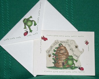 NOTE CARDS/Handmade Note Cards/Fabric Applique Card/Greeting Cards/Personal Note Cards/Set of 3 Note Cards/Green Frogs/Cards and Envelopes