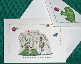 NOTE CARDS/Handmade Note Cards/Fabric Applique Card/Greeting Cards/Personal Note Cards/Set of 3 Note Cards/Green Frogs/Cards and Envelopes